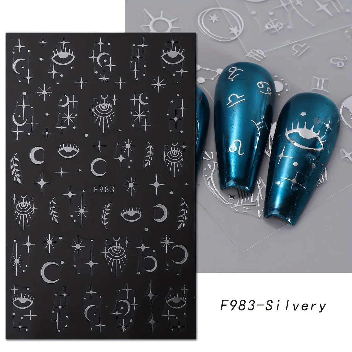8pcs silver sun moon star nail art stickers, easy to apply for nail decoration, DIY, gift, party and wedding makeup styling view 4