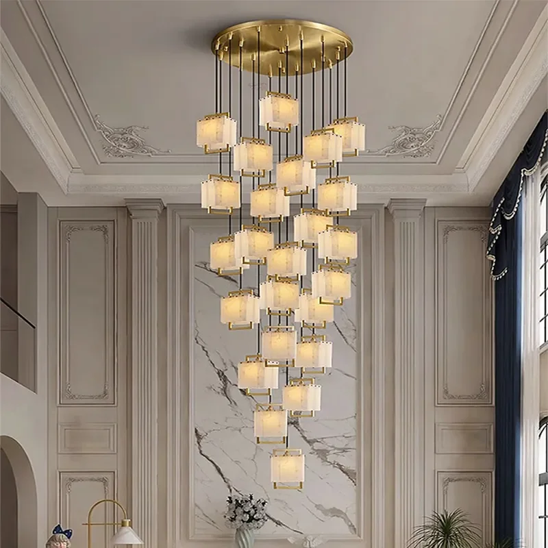 Modern Chandelier For Living Room Natural Marble Luxury Home Decor Lustre Pendant Lamp Villa Duplex Stairs Hanging Light Fixture