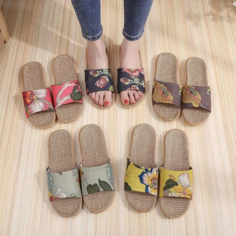 المرأة الصيف وصول جديد الكتان النعال داخلي المنزل المضادة للانزلاق تنفس العرقية نمط الأزهار الكتان مريح الشرائح #1