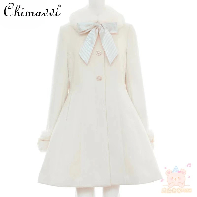 

Japanese Sc Autumn and Winter New Sweet Ribbon Removable Fur Collar Slim Long Jackets Cute Girl Mass-produced Lolita Woolen Coat