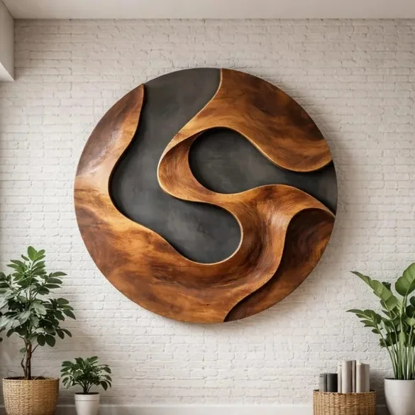 

！@Apartment Inlaid S-Curve Circular Wood Wall Sculpture Two-Tone Flowing Wall Hanging Decor