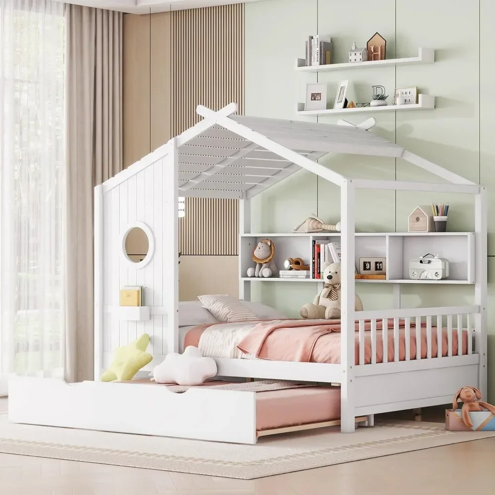 House Platform Bed for Kids, with Trundle and Storage Shelf, Wooden Low Bedframe w/Roof, Window and Guard Rails,White