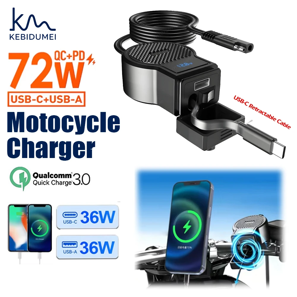 

PD QC3.0 Fast Charging Power Supply Adapter Motorcycle Charger Waterproof USB Socket with Digital Display Cable Moto Accessories