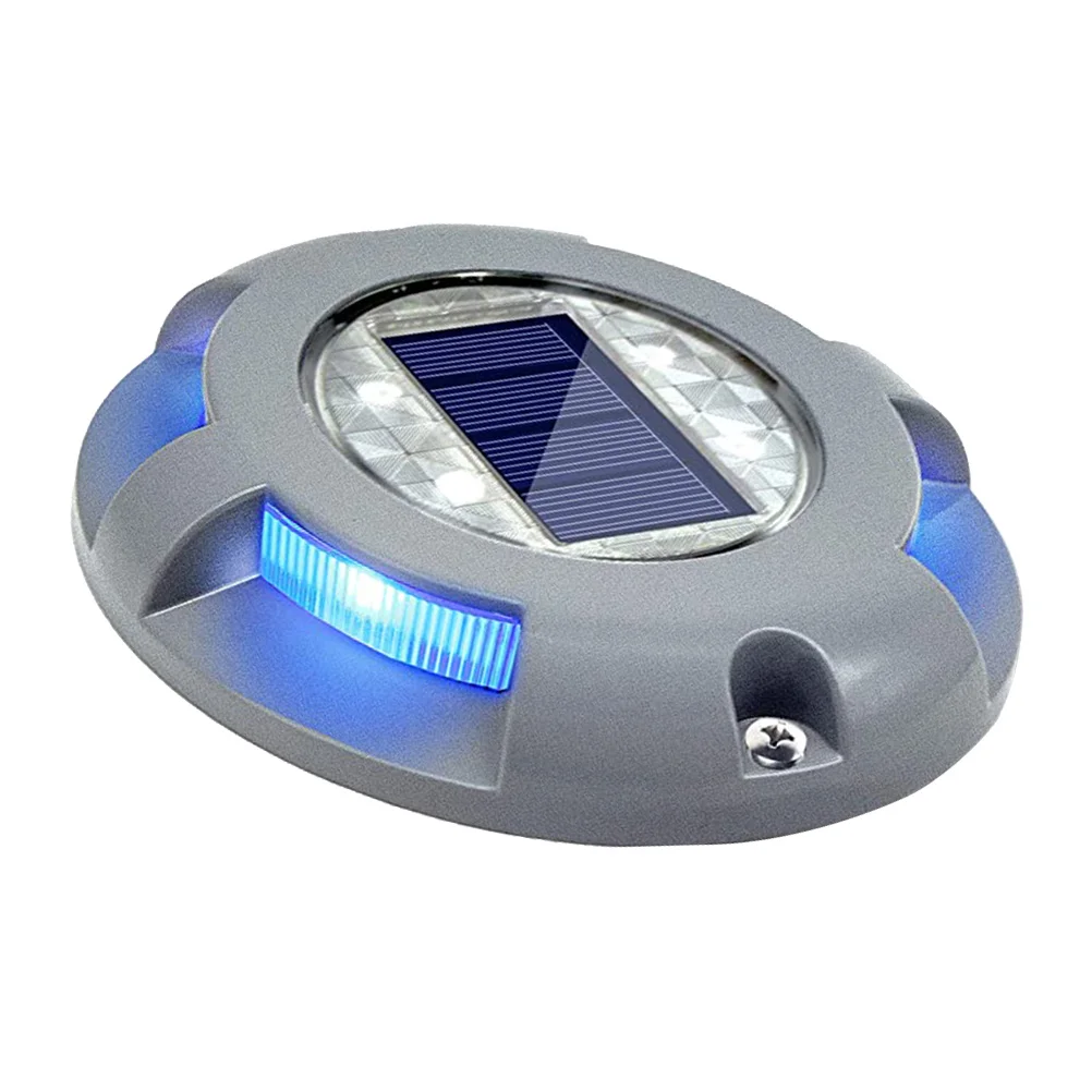 

4 LED Solar Ground Lamp Aluminum Alloy Underground Light for Deck Driveway Pavement Yard Garden Lighting Solution Silver Blue