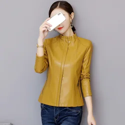 New Women Leather Jacket Autumn Winter Fashion Stand Collar Long Sleeve Short Sheepskin Coat Slim Sheep Leather Outerwear Female