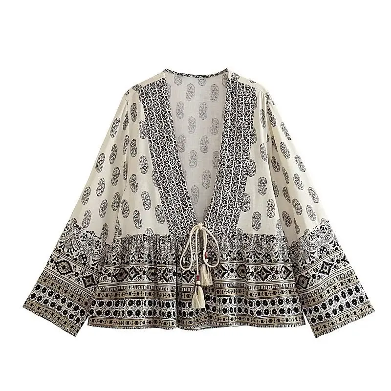 

TEELYNN Vintage Ethnic Print Loose Jacket for Women Casual Long Sleeve Tassels Lace Up Jackets Outwear Tops Boho Blusa Ladies