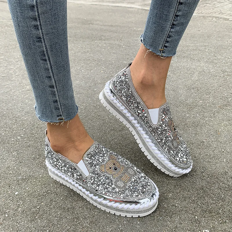 Crystal Korean Shoes Clogs Platform Round Toe Large Size Women Casual Female Sneakers Flats Rhinestone 2024 Creepers Glitter Big