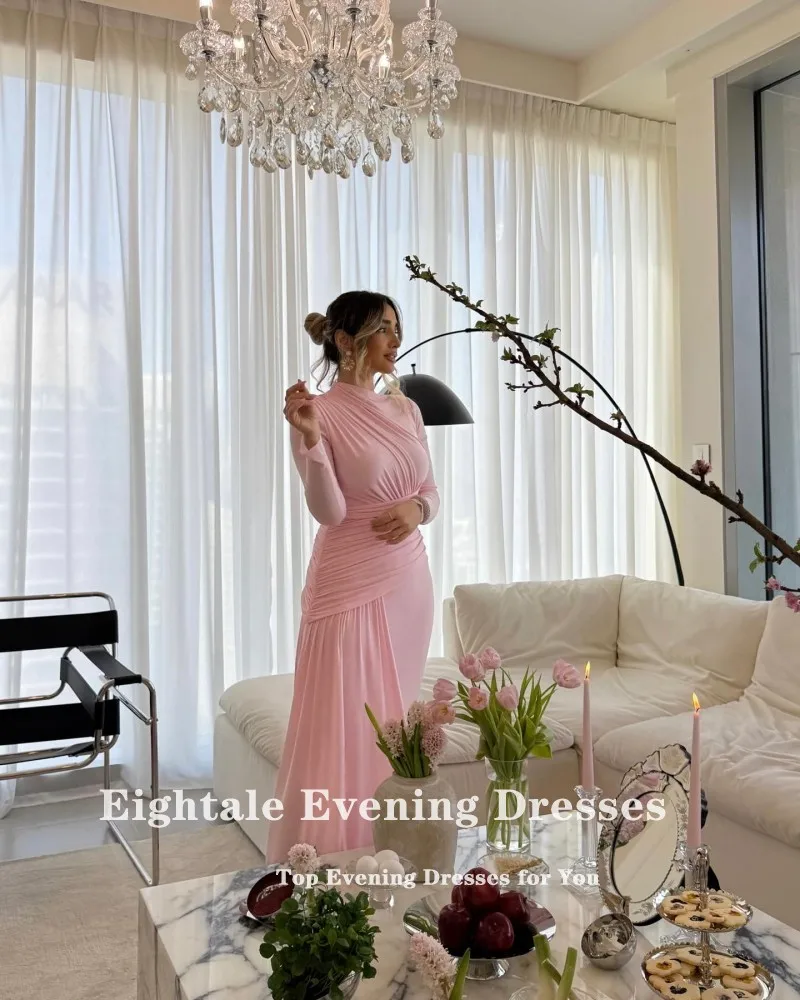 Eightale Arabic Evening Dress Pink Chiffon O-Neck Pleat Long Sleeves Customized Prom Gown Muslim Party Dress robe de soiree image 2