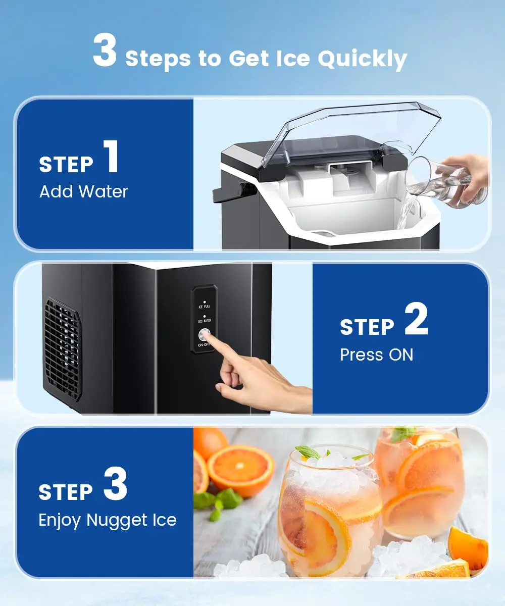 Nugget Ice Maker, Portable Countertop Machine with Self-Cleaning, 34Lbs/Day, Handle, Scoop and Basket for Home Office, Black