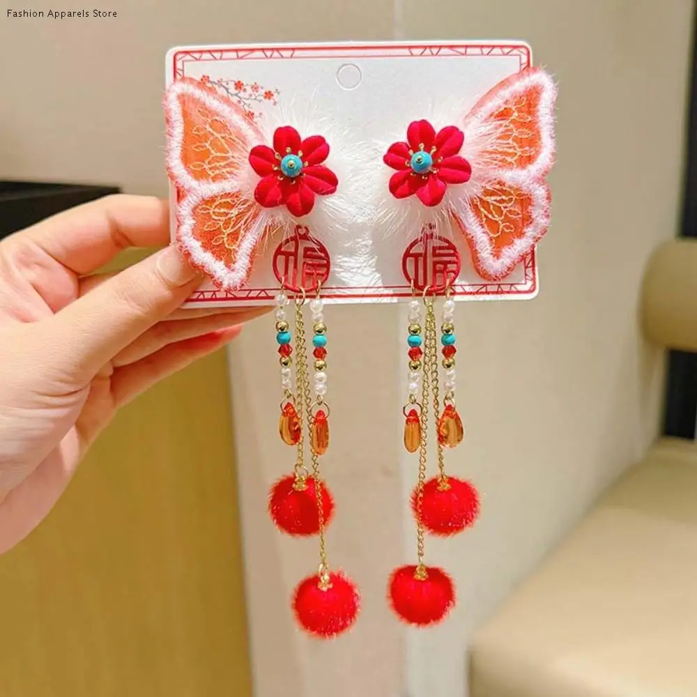 

2pcs Lion Children's Chinese Hairpin Plush Ball Flower Embroidered Bow Headwear Bow Golden Lock Hanfu Hair Accessories Festival