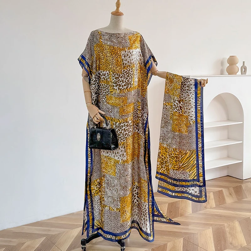 

NEW Fashion Summer Dress With Big Scarf Dubai Turkey Kaftan Muslim Loose Abaya Women African Casual Leopard Print Shawl Robe