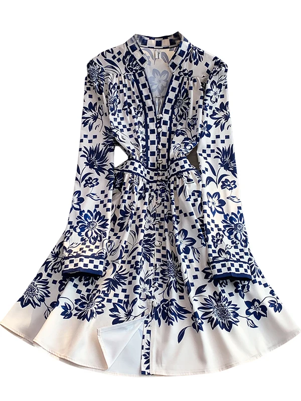 Retro Court Sle Satijnen Print V-Ne Dr Dames Herfst Winter Enkele knop Afslanken A-lijn Midi Dr Hoge taille