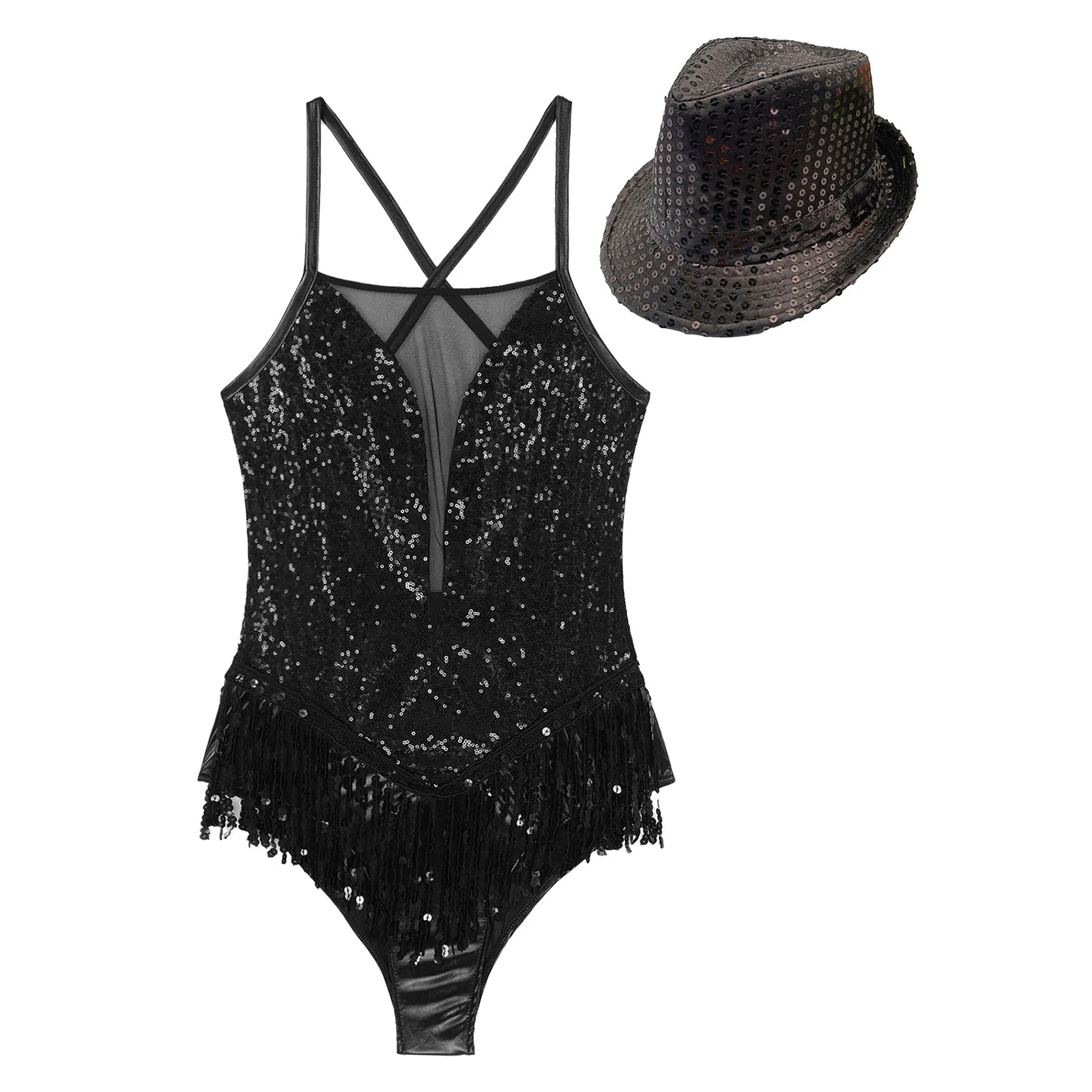 Pakaian tari Latin wanita Bodysuit tali Spaghetti Sequin berumbai Leotard dengan topi pesta Tango Rumba cha-cha kostum pertunjukan