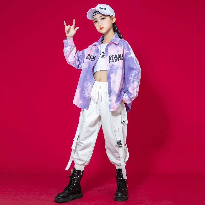 Kids Show Kpop Outfits Hip Hop abbigliamento Tie Dye Print Shirt White Streetwear Cargo Harem Pants For Girl Boy Jazz Dance Costume