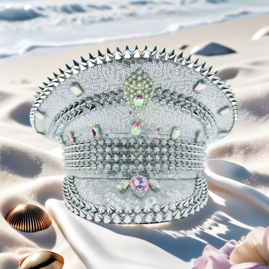 

HongLuan Yellow Laser Leather Loop Captain Hat Rhinestone & Military Caps for Woman, Rave Festivals Accessories ＆ Party Cap Man