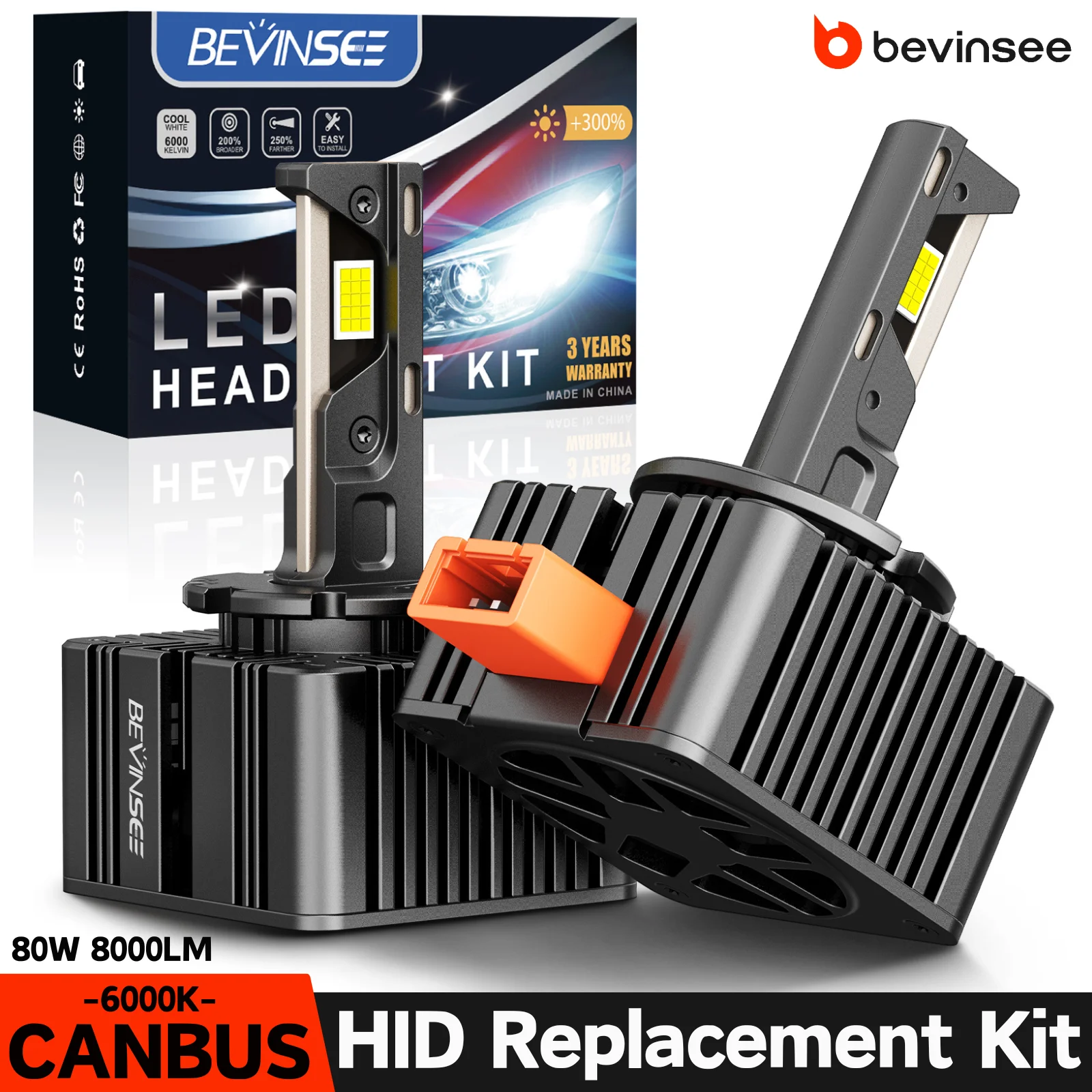 

BEVINSEE D3S D1S LED Bulb Canbus D2S D5S D1R D2R D3R LED Auto Headlight 80W 6000K 8000LM for Audi Ford Mercedes Chevrolet VW 12V