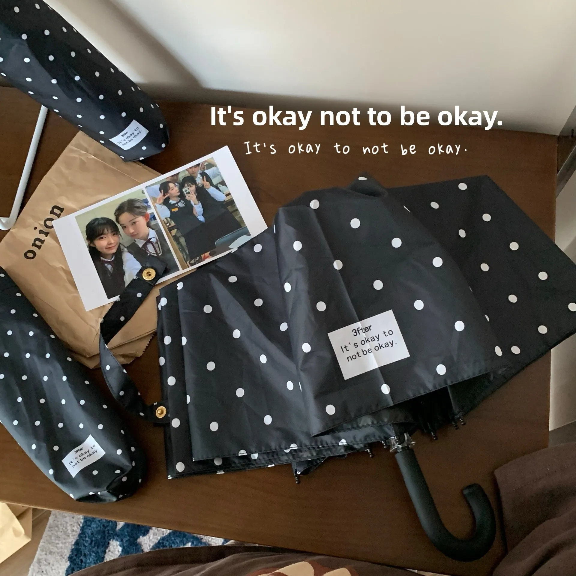 

Корейский зонт с изогнутой ручкой «Не идеально, но нормально» Sunade для дождливой погоды, с ручкой из нержавеющей стали, в горошек