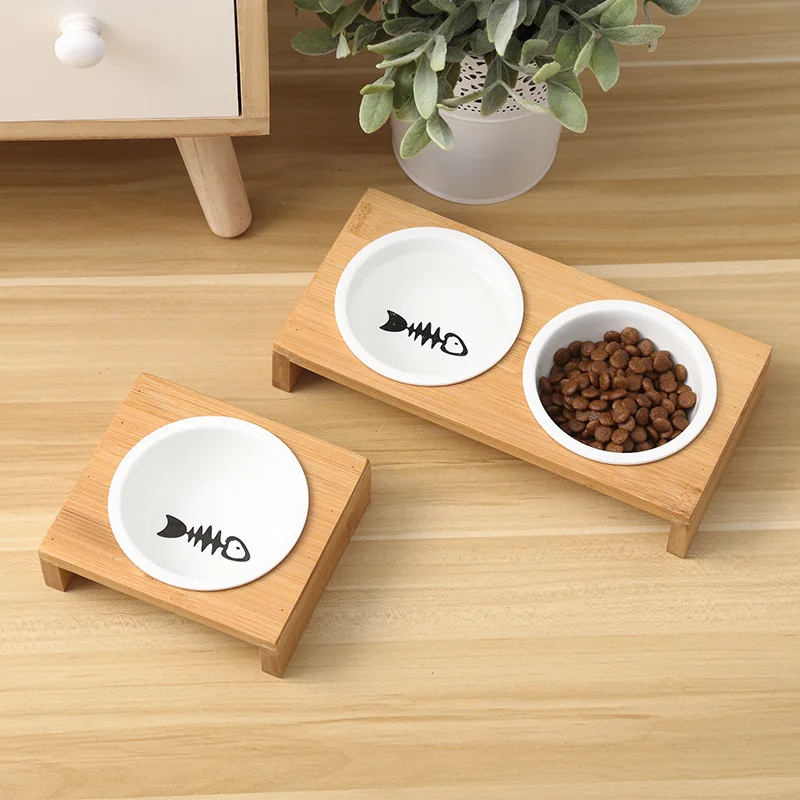 

new Cat Bowl Double Bowl Cat Food Bamboo Stand Ceramic Cat Rice Basin Cat Food Bowl pet Bowl Drinking Basin Cat Pet Supplies