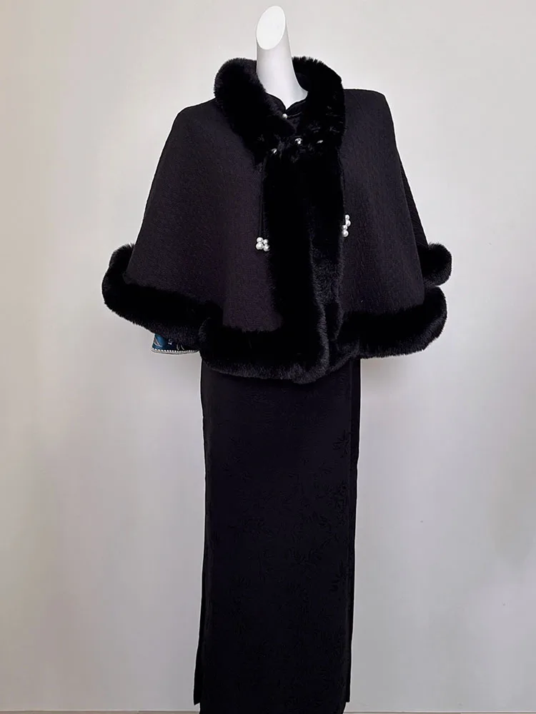 

Bla Furry awl Matching Thi Warm New Chinese Sle Coat Caochun Ele Winter Faion Women's Traditional Clo...