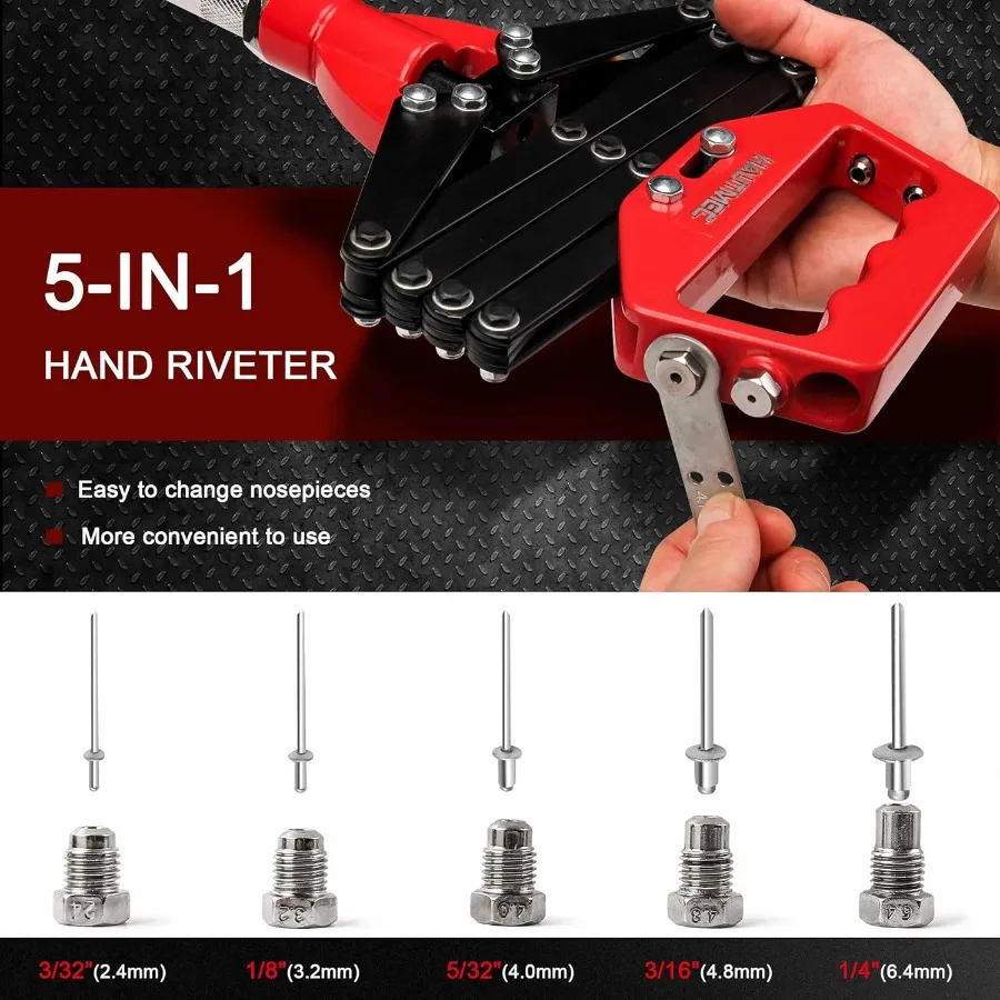 Klinknagelpistool HeavyDuty PressType 5in1 Arbeidsbesparend popklinknagelgereedschap met draagbare sleutel voor metaalproductie en autoreparatie