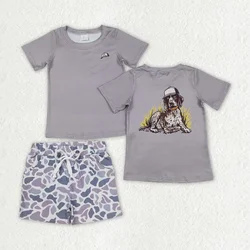 Wholesale Children Short Sleeves T-shirt Dog Shirt Tee Grey Camo Pockets Shorts Infant Set Clothing Toddler Baby Boy Outfit