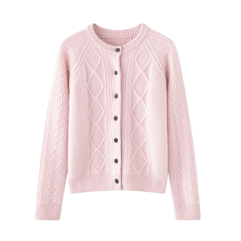 

Chic Women 100% Goat Cashmere Sweater Round Neck Cardigan Diamond lattice Knitting TopAutumn Winter Thick Cashmere Knitwear Coat