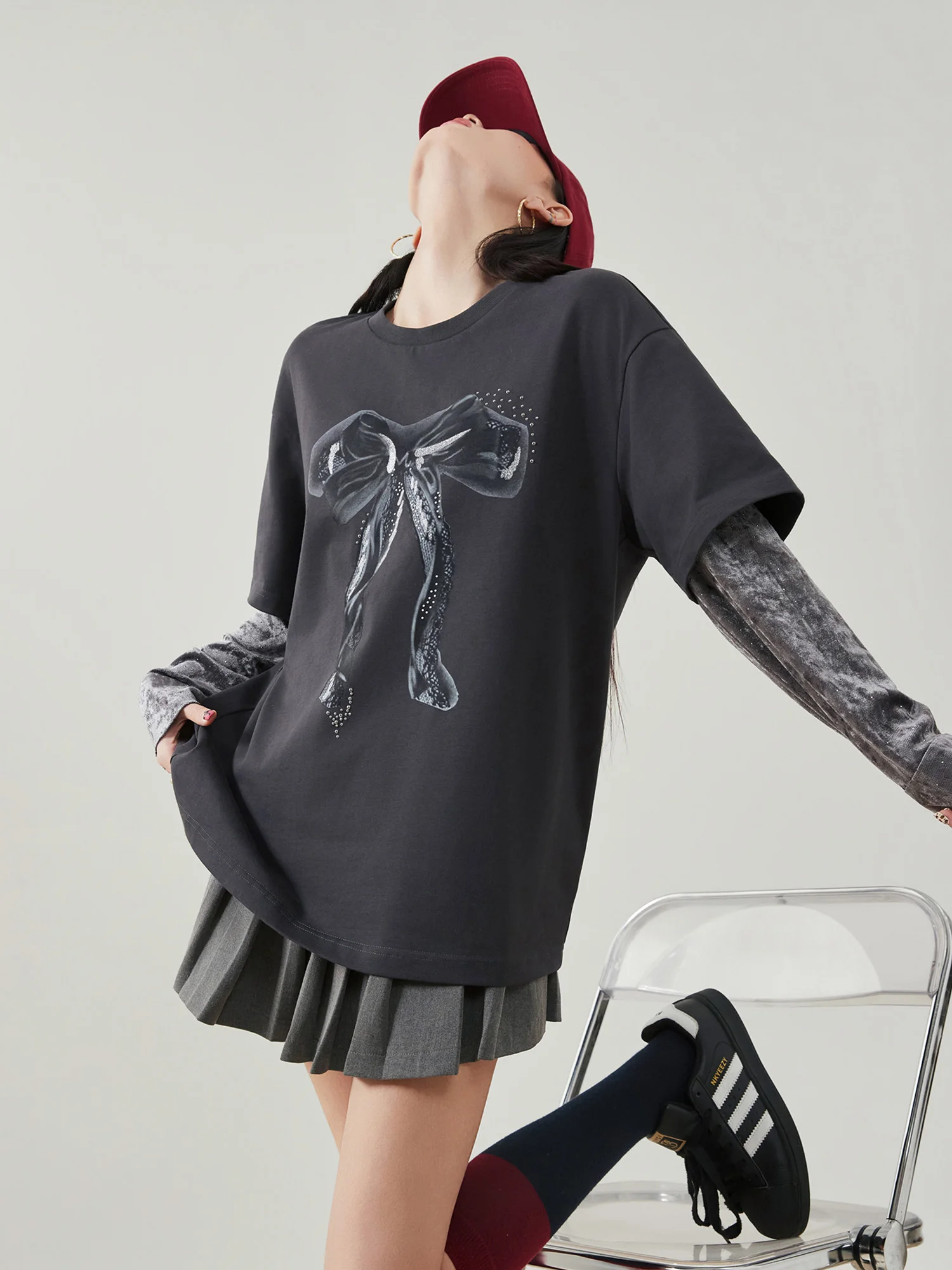 

Женская винтажная футболка с длинным рукавом и принтом из вельвета, свободного кроя, с узлом, из полиэстера, весенняя, повседневная, с круглым вырезом