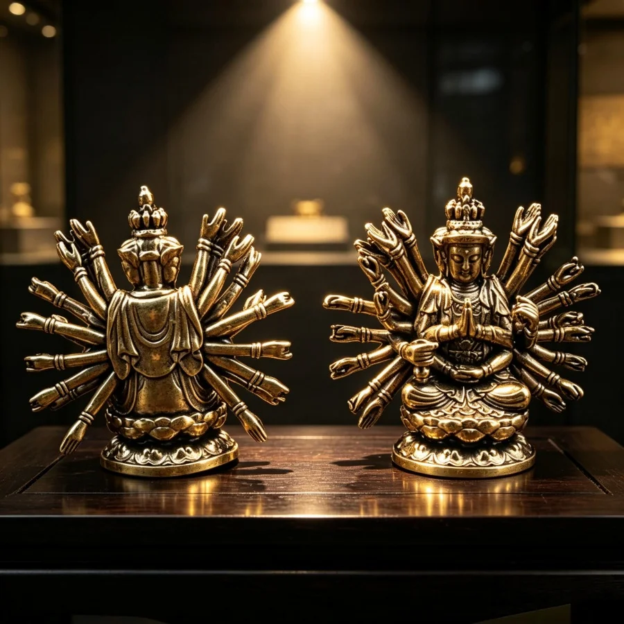 Solid Brass Thousand-Armed Guanyin Ornament, Home Buddha Statue Tabletop Decoration, Copper Craft Collectible Figurine