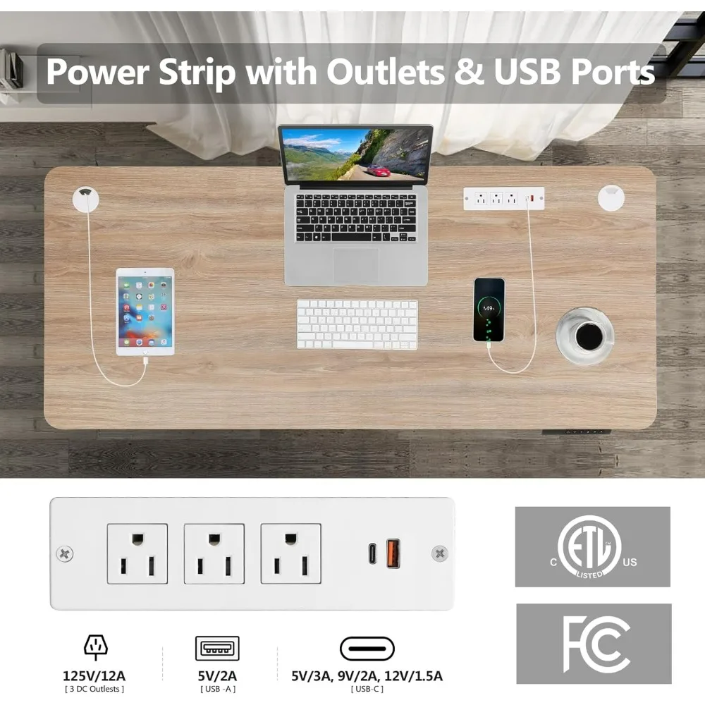 Electric Standing Desk, 63'' x 24'', Charging Station, 2 USB Ports, 3 Power Outlets, 4 Caster, 27''-46'' Lifting Range