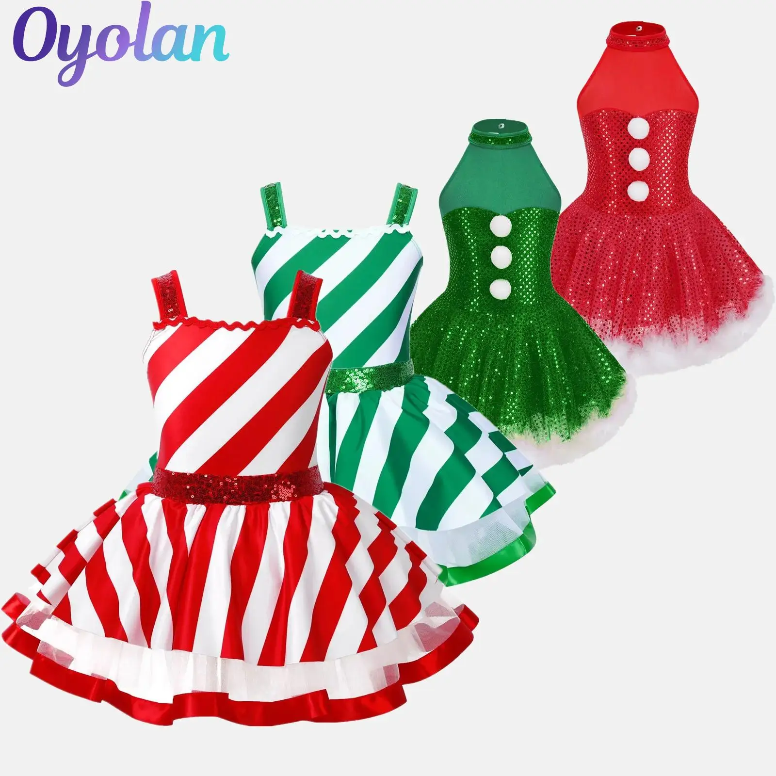 

Girls Christmas Xmas Candy Cane Santa Claus Cosplay Costume Shiny Sequin Gymnastics Figure Skating Twirling Ballet Leotard Dress