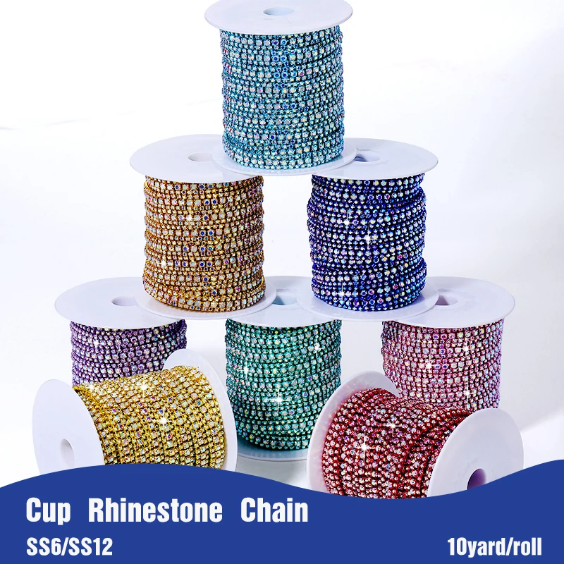 

1/5 Yards 3 Rows of Glass Rhinestone Cup Chain Colorful Flatback Crystal Chain for Clothing Apparel Cup DIY Decoration Chain