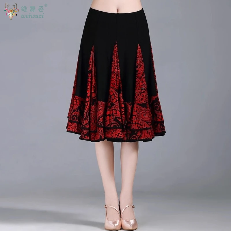 Dame Moderne Schaukel Rock Walzer Ballroom Dance Praxis Rüschen Langen Rock Frauen Ballroom Dance Halb Rock Gedruckt Lange Kleider