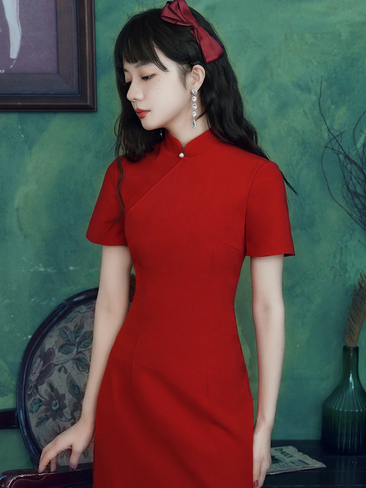 

Red Wedding Dr Engagement Dinner Par Long Sve Ele Sle ort Skirt Flag Robe Chinese Traditional Costume