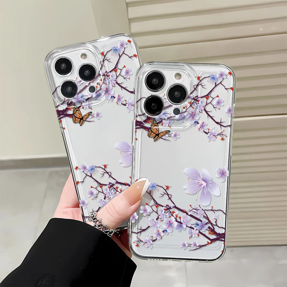 Blossom Butterfly Phone Case For iPhone 15 14 12 13 11 Pro Max X Xs Xr 7 8 15Plus SE Soft Silicone Transparent Cover