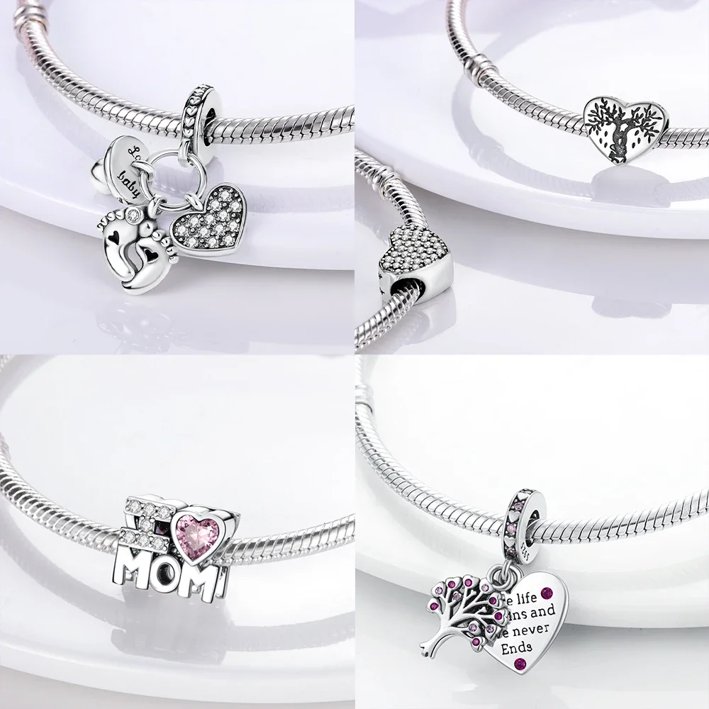 

Pink Family Love Heart Charm Original 925 Silver Beads Fit Pan Bracelet Diy Sister Mother Friendship Pendant Fine Gift Jewelry
