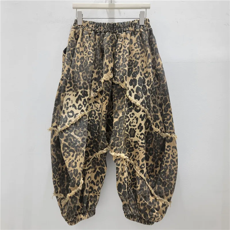 ANJY Spring Autumn New Women American Style Leopard Print Frayed Wide-leg Denim Pants Design Loose Casual Ins Harem Jeans A25609