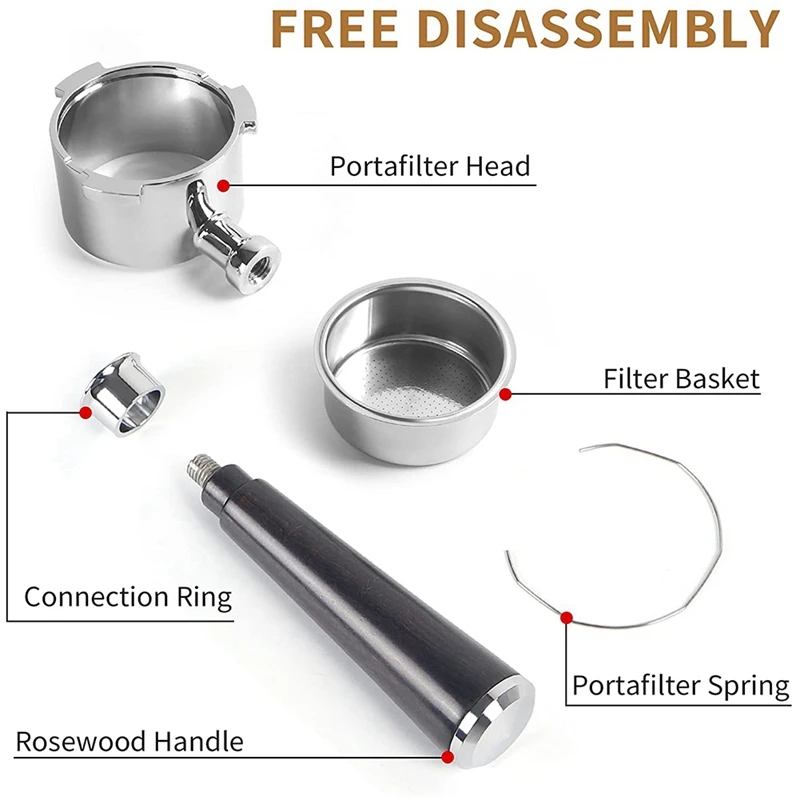 51Mm Portafilter 3 Ears, Stainless Steel,51Mm Bottomless Portafilter With Wood Handle And Filter Basket
