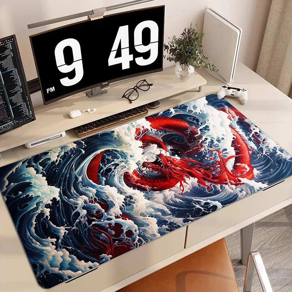 Grand tapis de souris de jeu en caoutchouc, bord verrouillé, clavier d'ordinateur, polymère de bureau violet foncé, dragon japonais, 900x400