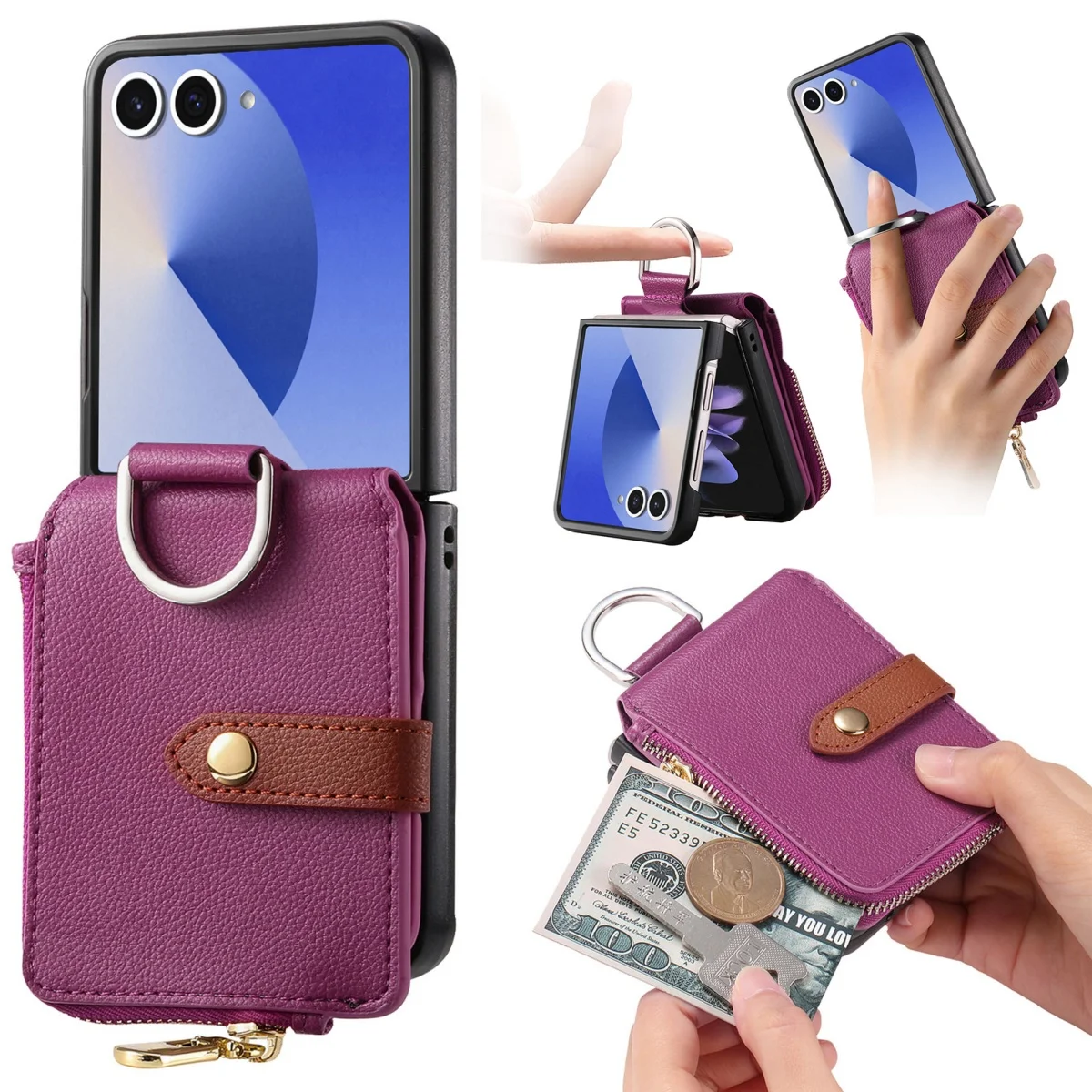 Luxury Card Holder Phone Case for Samsung Galaxy Z Flip 8 7 6 5 4 3 5G Flip8 Flip7FE PU Leather Ring Wallet Purse Hard Cover