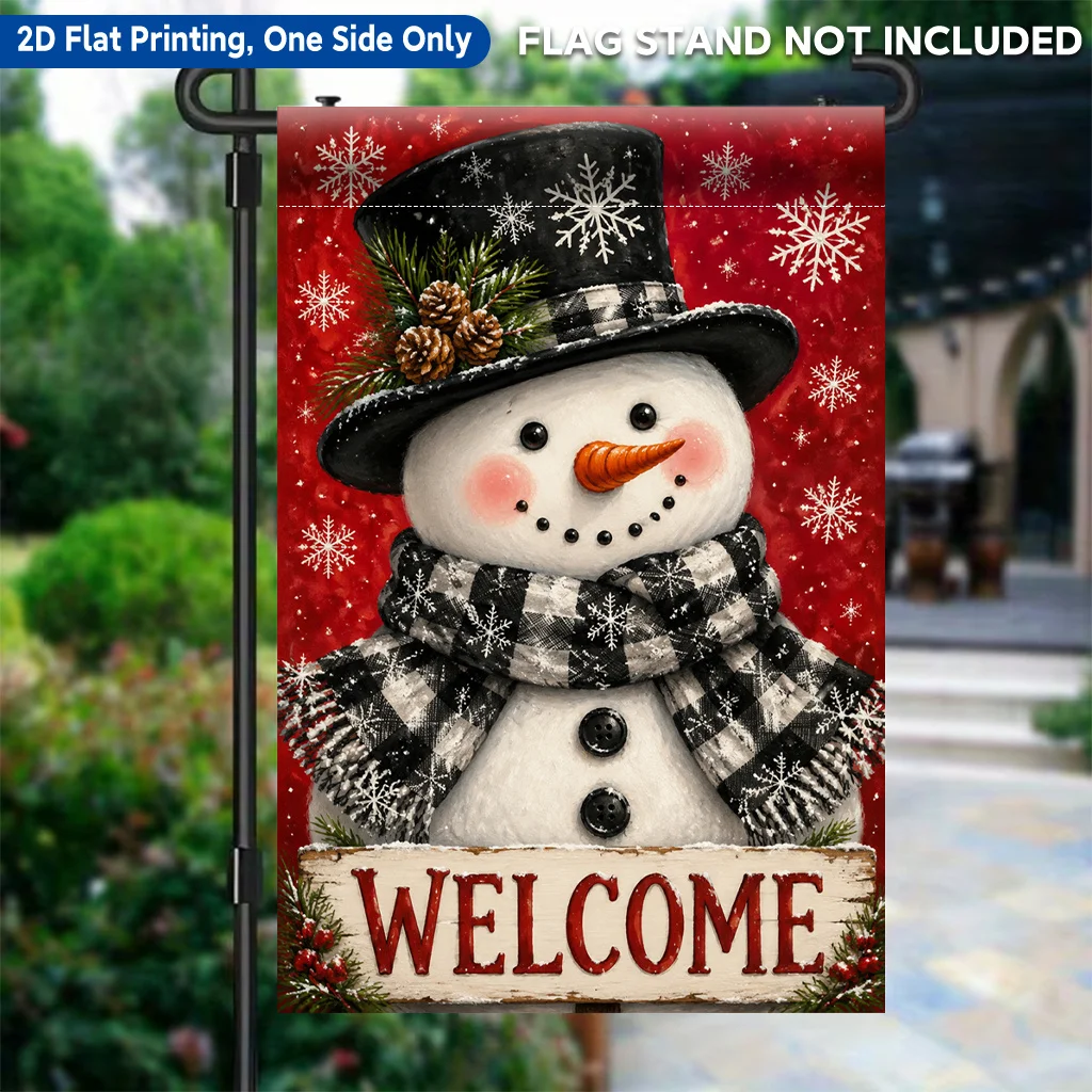 2D Flat Garden Flag 1 Piece, Snowman Hat Scarf Background Red Single-Sided Printed Garden Flag, Suitable for Outdoor Home and Yard Holiday Decoration, Valentine's Day, Mother's Day, Easter, Christmas, Thanksgiving, Halloween, Excluding Flagpoles