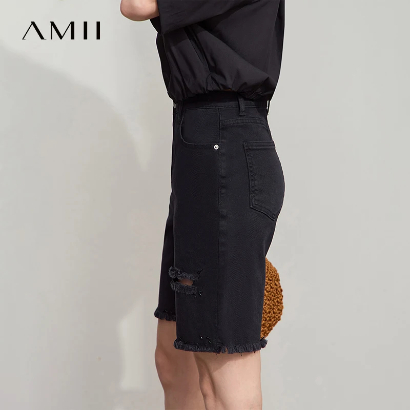 AMII ミニマリストカジュアルデニムショーツ女性夏 2025 ソリッドホールフィットジーンズ女性の新多用途ジッパーショートパンツ 12542207