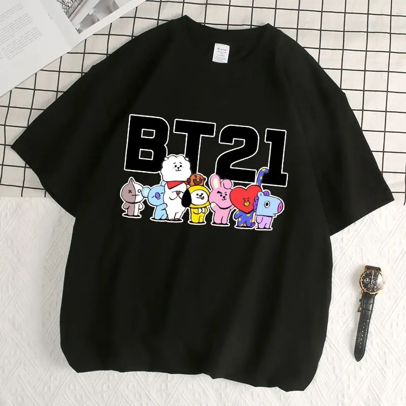 Anime Cartoon Bt21 Cooky Tata Chimmy Short-Sleeved Y2K Summer New Women's Cotton T-Shirt Fashion Couple Wear Gift for Friends