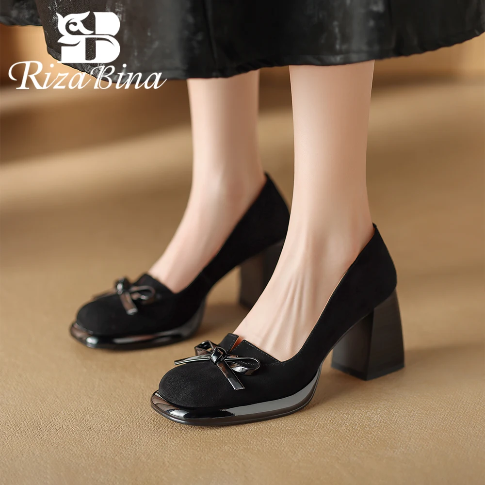 

RIZABINA Fashion Pumps For Women Kid Suede Chunky Heels Bow-knot Mary Jean Shoes Female Slip On JK Style Party Shoes 2024 Trend