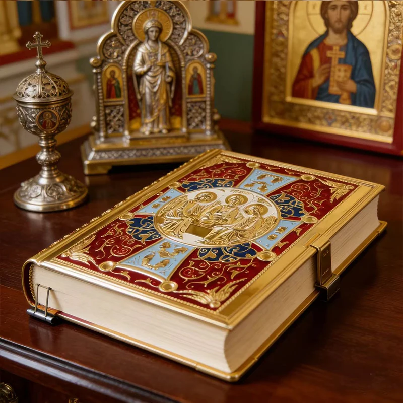 

New Vintage Gold Plated Orthodox Gospel Book Cover with Enamel Holy Trinity Icon for Church Liturgy Home Altar Prayer Religious