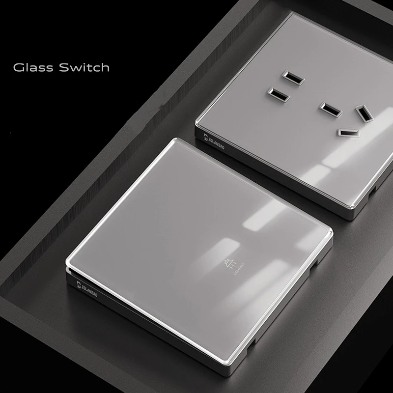 New Popular Curved Surface 250V/10A 1/2/3/4gang 86*86MM Classic Grey Mirror Tempered Glass Panel Wall Switch Series