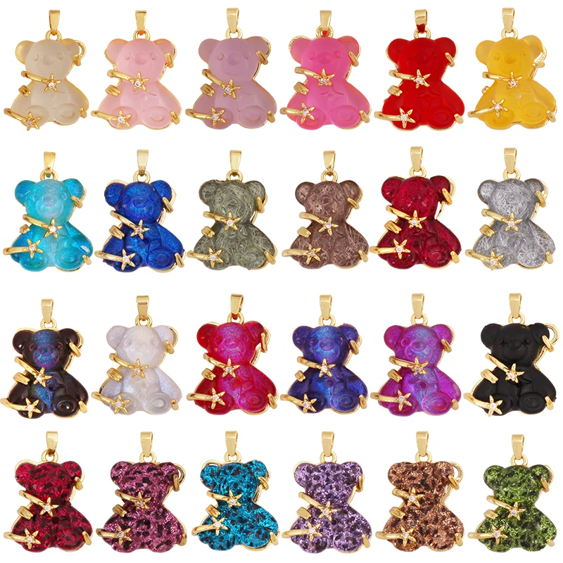 Cute Bear Animal Inlaid Colourful Resin Charm Pendant,Real 18K Gold Plated Jewelry Necklace Bracelet DIY Making Supplies K79