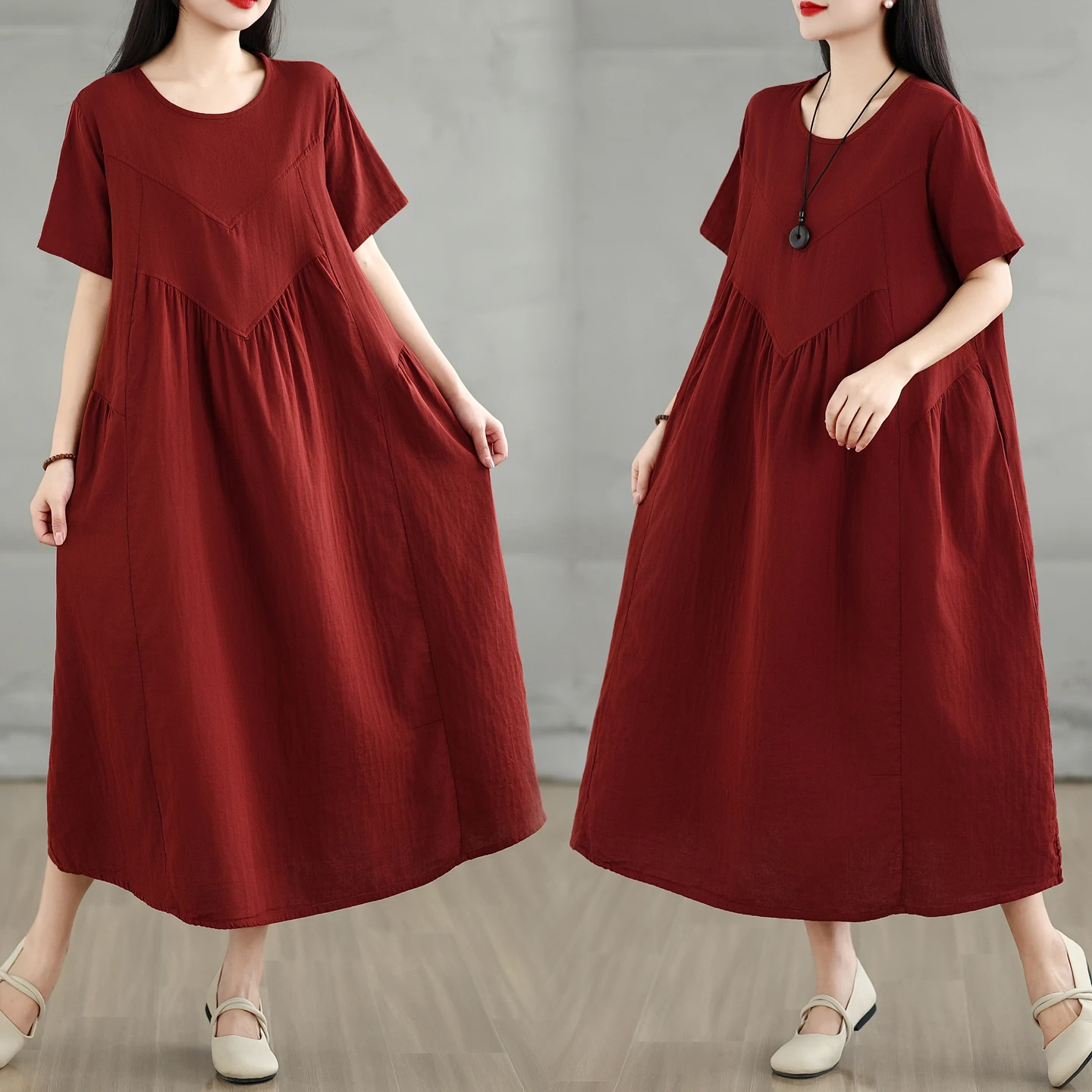 

Ретро-платье из хлопка с круглым вырезом и коротким рукавом для женщин, свободного кроя, больших размеров, с эффектом похудения, А-силуэт, юбка-платье для прогулок по городу, с завышенной талией, весна-лето