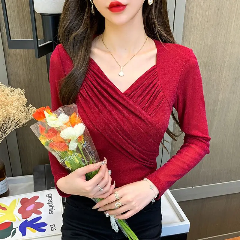 Elegant Fashion V-neck Pleated Folds Vintage Blouses 2023 New All-match Long Sleeve Pullovers for Women Korean Chic Top T-Shirt