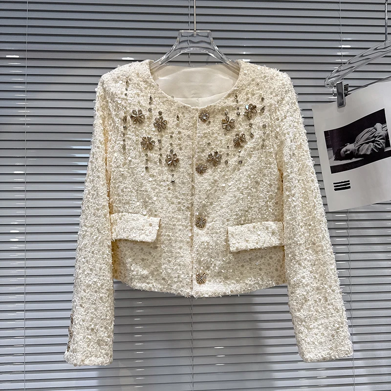 

Женская твидовая куртка с вышивкой стразами, легкая роскошная модель с цветочной вышивкой, блестящая, с богатой отделкой, расшитая бисером, элегантная куртка