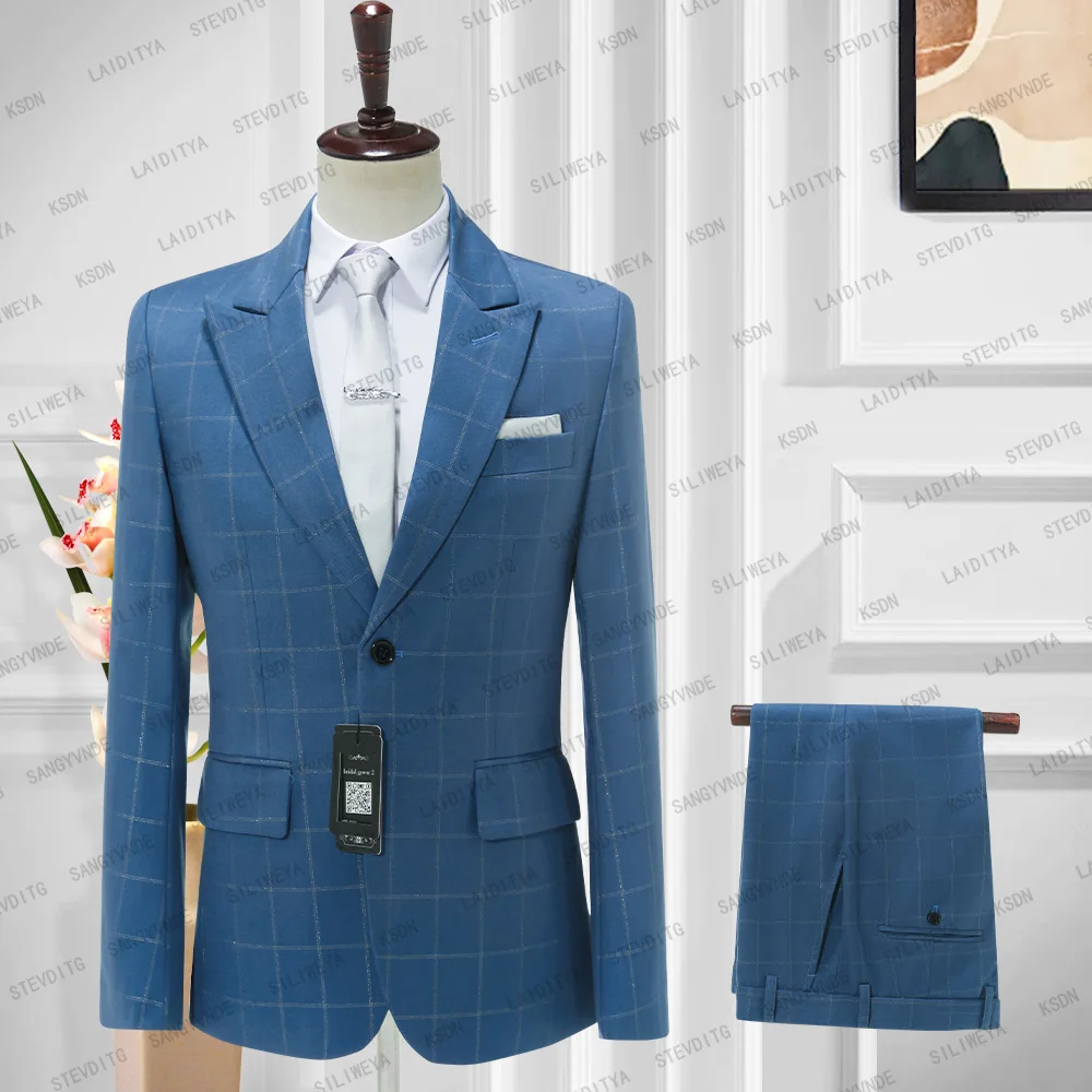 

2023 Men Blue Plaid Peak Lapel Business Blazers One Button Male Slim Fit Two-piece Suit Groom Terno Masculino (Jackets+Pants)